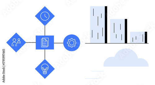 Connected icons representing teamwork, efficiency, ideas, and planning beside a minimal urban skyline graphic. Ideal for productivity, innovation, project management, planning, decision-making