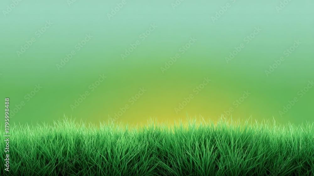Fototapeta premium Lush Green Grass Field Under a Soft Gradient Sky at Sunrise, Nature Background for Scenic and Relaxing Imagery, Perfect for Design Projects and Illustrations