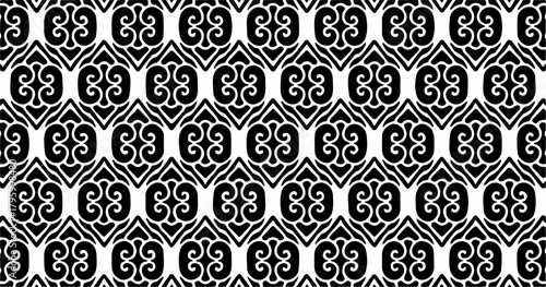 Black and white seamless pattern with swirling symmetric motifs forming a decorative ornamental texture.