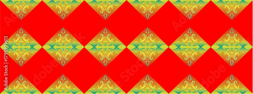 Bright seamless pattern with red diamond shapes and yellow ornamental details, creating a vibrant ethnic-inspired geometric background design.
