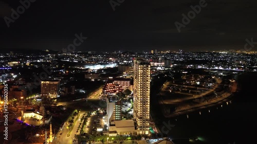 A stunning drone perspective of a vibrant metropolis shining brightly under the dark night sky