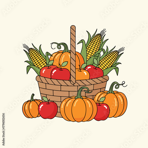 Vibrant Autumn Harvest Basket with Pumpkins, Apples, and Corn. Abundant Thanksgiving Produce Vector Art.