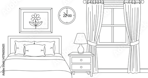 Bedroom interior line drawing, cozy furniture illustration, bed and nightstand sketch, home decor art, black and white design
