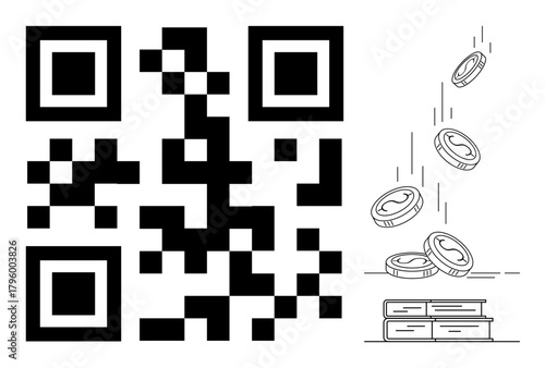QR code next to falling coins landing on stacked books. Ideal for e-commerce, digital payment, education, fintech, innovation, modern commerce, and online learning. Simple flat metaphor
