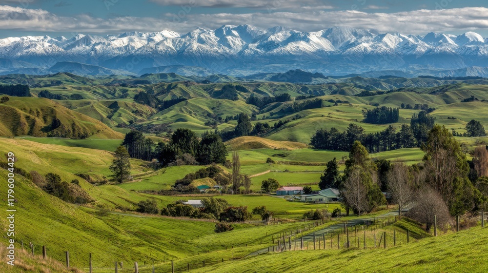 Fototapeta premium Expansive Green Rolling Hills with Snow-Capped Mountains in Background Under Clear Blue Sky in Beautiful Countryside Landscape
