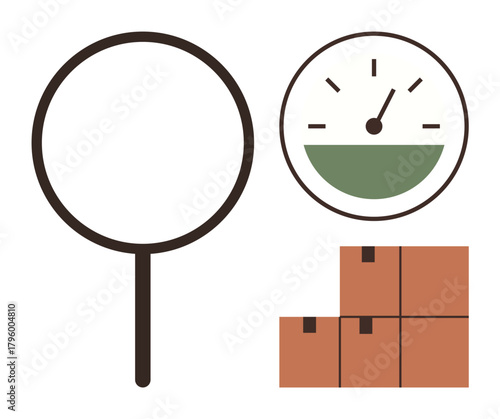 Magnifying glass, measuring gauge, and stacked boxes highlighting analysis, measurement, and logistics. Ideal for supply chain, quality control, inventory, logistics shipping business optimization