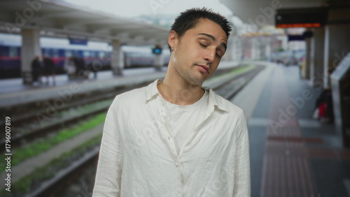 Photos Man with finger pointing at temple beside railway tracks in train station building; despair isolation frustration