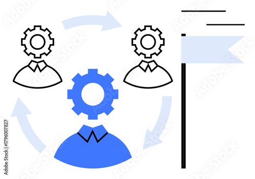 Three person icons with gear heads connected by circular arrows, progressing toward a flag. Ideal for teamwork, goal setting, leadership, workflow, productivity, group dynamics strategy. Simple flat