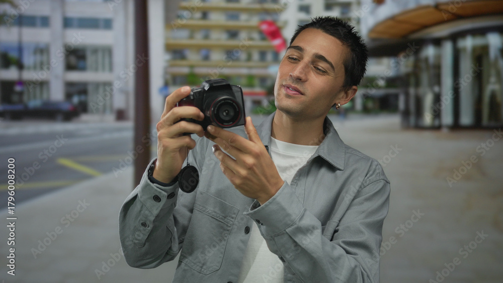 Fototapeta premium Young hispanic man examines camera with curiosity on an urban city street, surrounded by tall modern buildings, showcasing an intriguing blend of technology and metropolitan life.