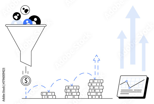 Funnel converts users into revenue, coins stack to signify financial growth, graph displays data analytics. Ideal for marketing, sales, growth, revenue, conversion rate, performance analysis simple