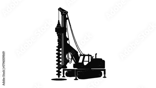 Vector illustration of heavyduty drilling rig machine with a large auger for construction and excavation, on a transparent background