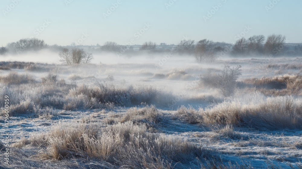 Fototapeta premium Serene Winter Landscape with Frosty Grass and Mist Under Clear Blue Sky during Daylight