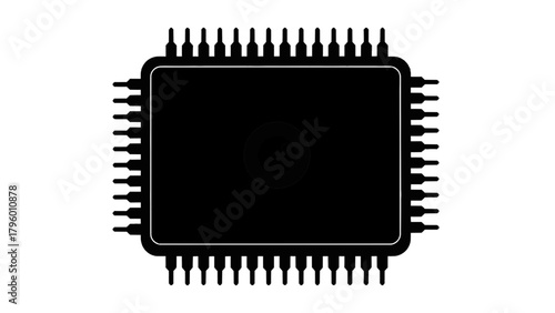 Vector illustration of closeup of a black computer microchip with a white eye symbol in the center on a transparent background