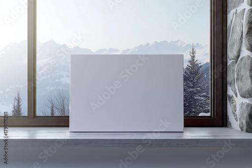 Minimalist White Horizontal Canva by a Window Overlooking a Serene Winter Mountain Landscape