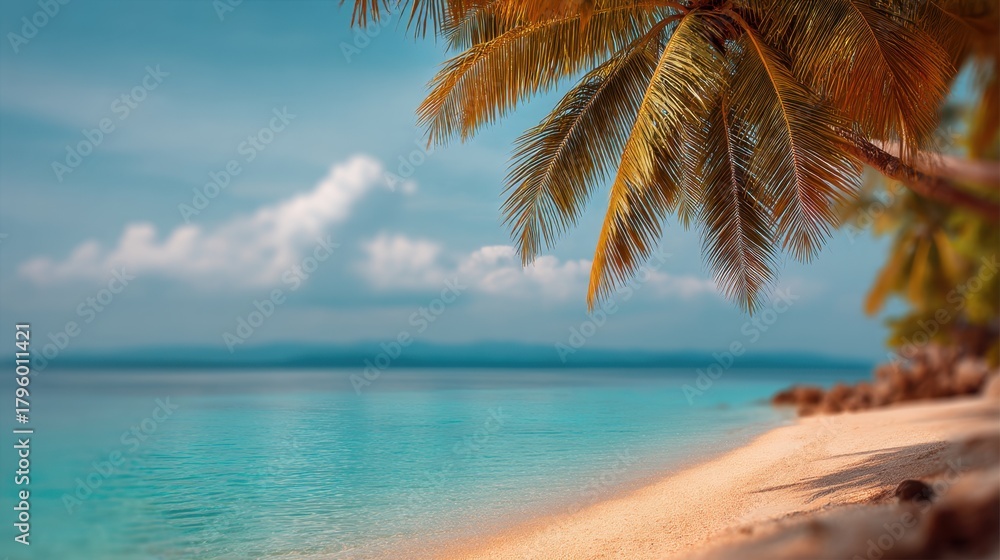 Fototapeta premium Tranquil Tropical Beach with Palm Tree Fronds Against Calm Turquoise Waters and Gentle Sky in Soft Focus, Evoking Peace and Relaxation