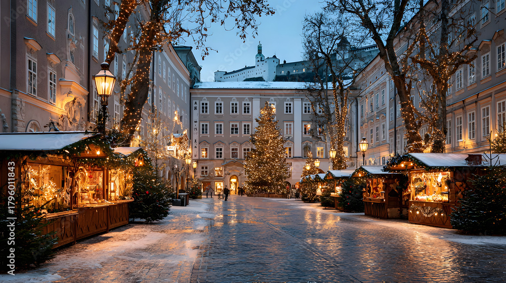 Fototapeta premium Salzburg Christkindlmarkt, wooden stalls with beautiful Christmas decorations line the square of Salzburg, a large Christmas tree decorated with sparkling lights, Ai generated images.