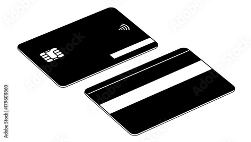 Vector illustration of black credit card with contactless payment symbol and chip, on a transparent background
