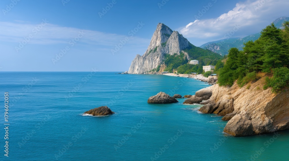 Obraz premium Scenic coastal view with rocky cliffs, turquoise water, and lush greenery under bright sky, perfect for travel and nature themes in photography