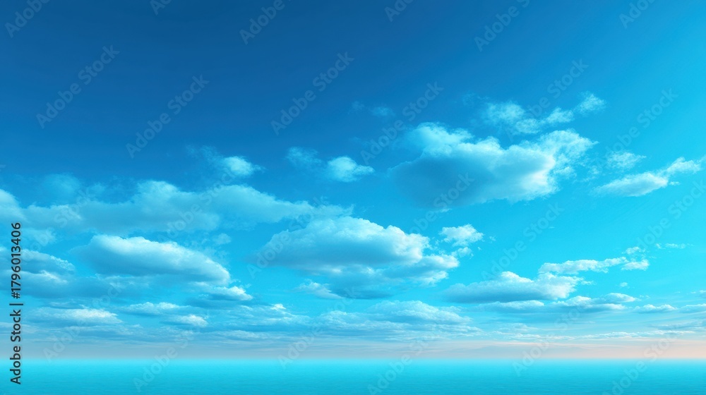 Fototapeta premium Serene Cloudy Sky Over Calm Ocean Water Under Bright Blue Horizon with Soft Gentle Waves and Stunning Tranquil Landscape During Daylight Hours