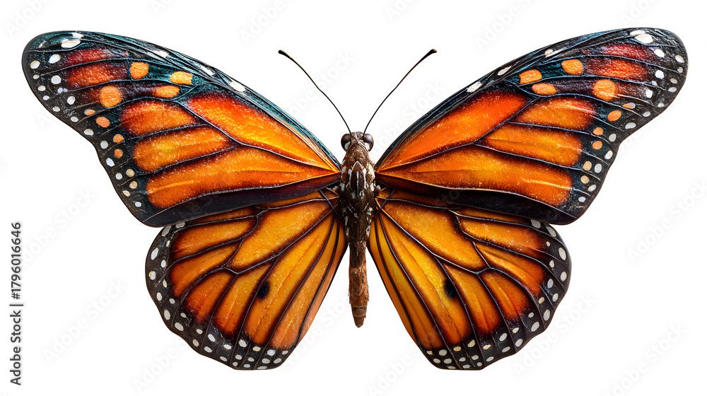Fototapeta premium 3D realistic monarch butterfly with orange patterned wings, gentle lighting and floating pose for eco or garden concept, isolated on white background