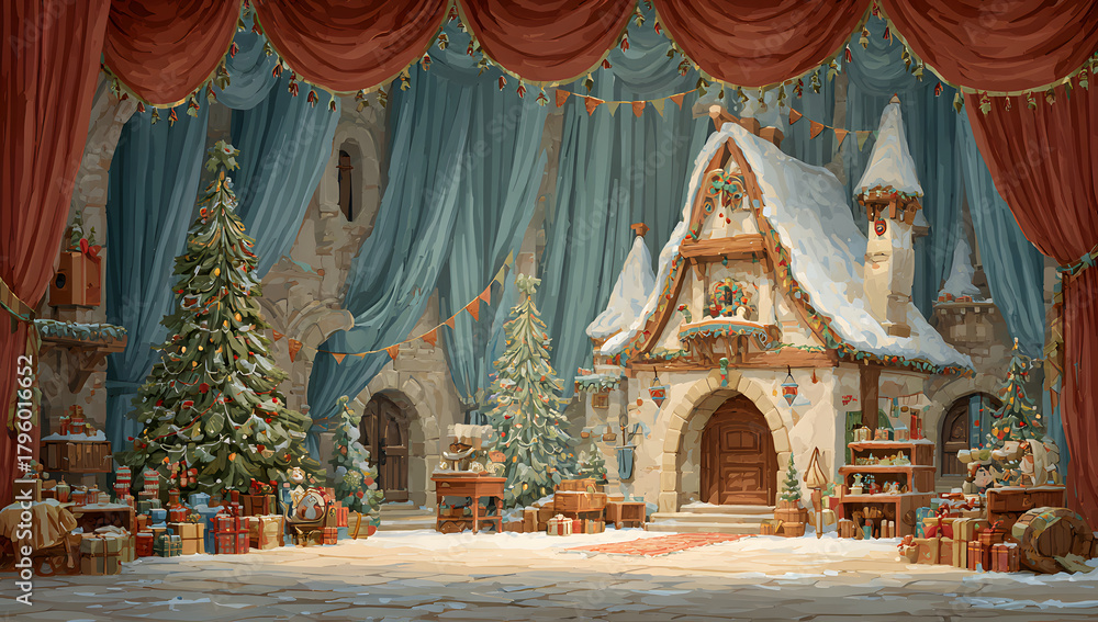 Fototapeta premium Cartoon design featuring Santas secret workshop backdrop