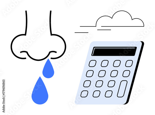 Nose dripping blue drops, calculator, and a cloud emphasize health, seasonal effects, financial planning, medical costs, allergies, self-care weather conditions and its implications. Ideal