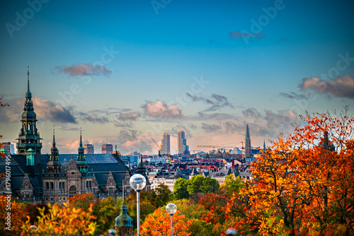 Photography Stockholm skyline with boats and waterfront architecture