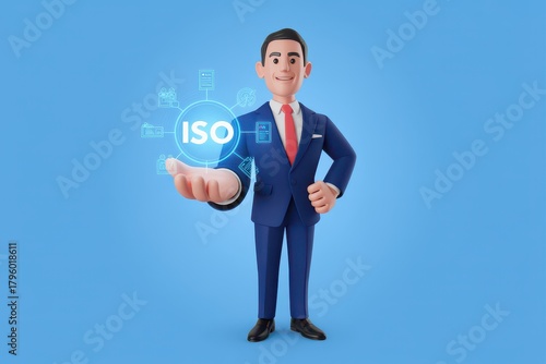 Business professional presenting a hologram of ISO certification