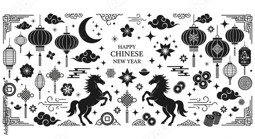 Black and white Chinese New Year illustration with horse and lanterns Classic monochrome artwork featuring traditional Chinese lanterns clouds florals and horse silhouettes