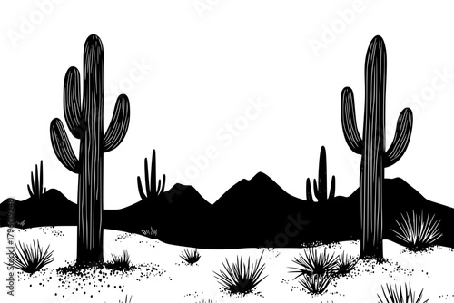 Desert Landscape with Tall Cacti and Distant Mountains