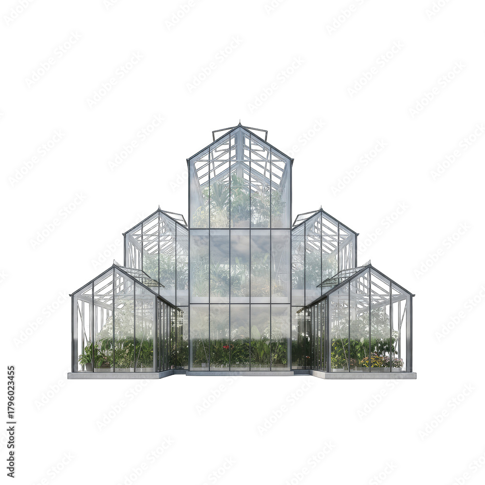 Obraz premium Modern Glass Greenhouse Structure with Green Plants Growing Inside on a Transparent Background