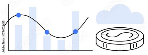 Bar graph with a dynamic line chart, coin representing financial assets, and cloud symbolizing digital storage or cloud computing. Ideal for business trends, finance, data insights, economy, cloud