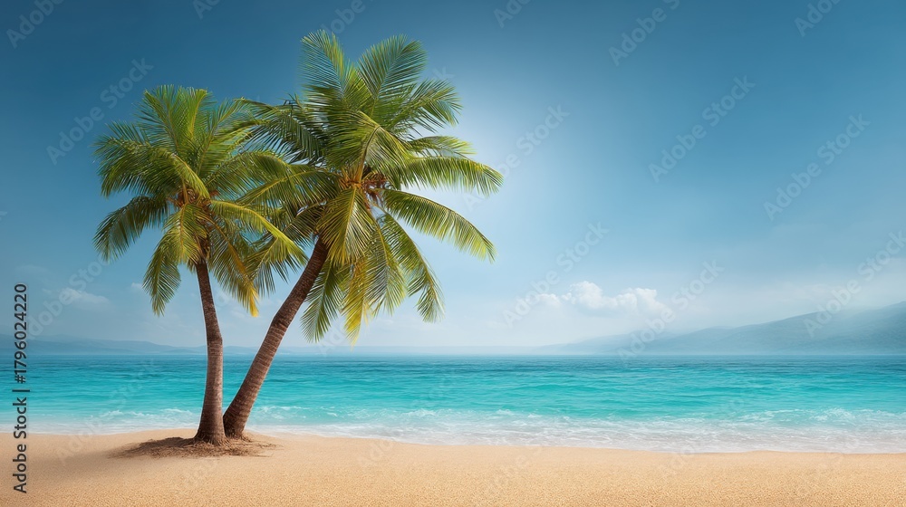 Obraz premium Serene Tropical Beach Scene with Palm Trees, Crystal Clear Water and Soft Sand Under a Bright Blue Sky Perfect for Travel and Nature Themes