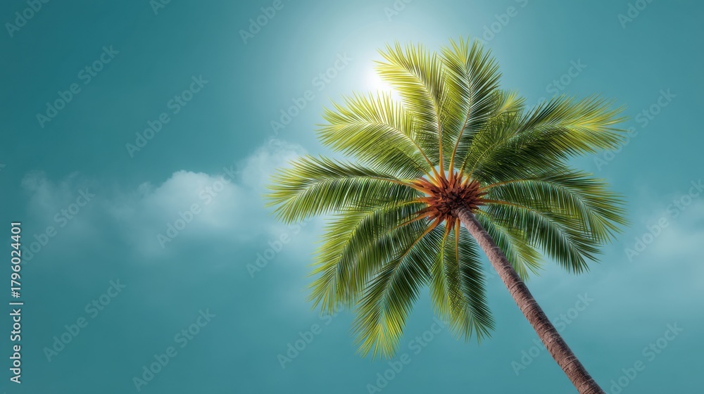 Fototapeta premium Lush Green Palm Tree Reaching Towards Bright Sun in Clear Blue Sky with Soft Clouds, Perfect for Tropical Vacation and Nature Inspired Themes