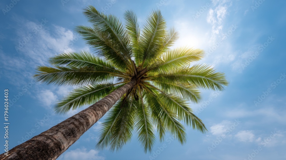 Naklejka premium Palm tree with vibrant green fronds reaching towards a bright blue sky in a tropical paradise, radiating warmth and tranquility on a sunny day
