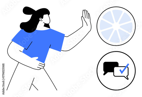 Woman halting with hand gesture near segmented circle and chat bubbles with checkmark. Ideal for boundaries, decision-making, communication, time management, self-control, focus, and organization