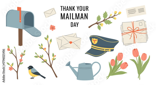 A collection of illustrations celebrating Thank Your Mailman Day, featuring a mailbox, letters, mailman's hat, spring branches, a bird, watering can, and tulips.