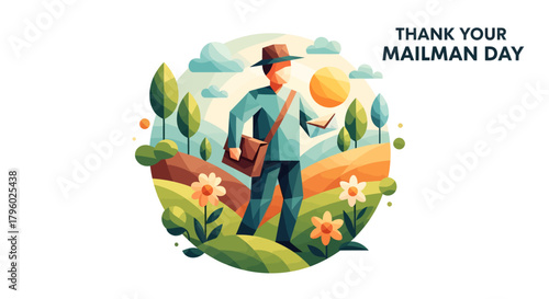 A stylized illustration of a mailman in a hat and satchel in a vibrant landscape with hills, trees, flowers, and sun, celebrating "Thank Your Mailman Day".