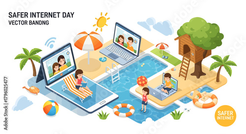 Isometric illustration for Safer Internet Day showing people using digital devices safely in a tropical resort setting with a pool and treehouse.