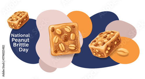 An illustration celebrating National Peanut Brittle Day with various pieces of crunchy peanut candy against a background of abstract blue, orange, and beige shapes.