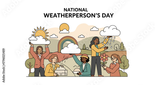 Diverse group of people celebrating National Weatherperson's Day, interacting with various weather elements like sun, clouds, rain, and a rainbow.