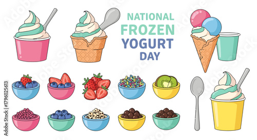 A collection of frozen yogurt and ice cream illustrations with various toppings and spoons, celebrating National Frozen Yogurt Day.