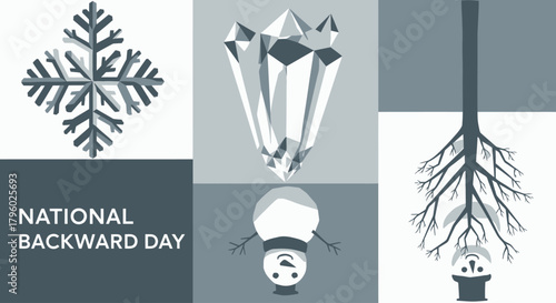 A monochromatic illustration celebrating National Backward Day, featuring a snowflake, inverted crystals, an upside-down snowman, a tree with roots up, and an inverted snow globe.