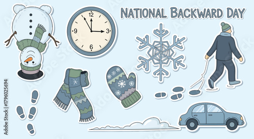 A collection of winter-themed illustrations depicting "National Backward Day" with an upside-down snowman, a backward-walking person, and a car.