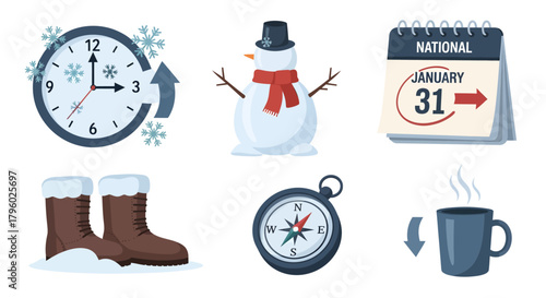 A collection of winter-themed items including a clock with snowflakes, a snowman, a calendar, winter boots, a compass, and a hot mug.