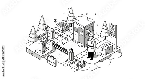 Isometric illustration of a snowy border crossing checkpoint with a guard, booth, barrier, and luggage.