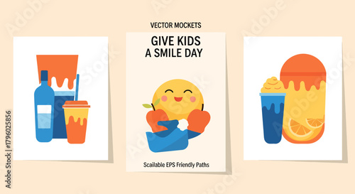 Three vector mockups featuring a 'Give Kids a Smile Day' poster with a smiling fruit character and two posters with stylized food and drink illustrations.