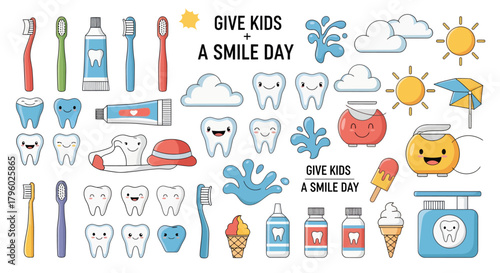 Collection of cartoon dental hygiene items and smiling teeth for 'Give Kids A Smile Day' event.