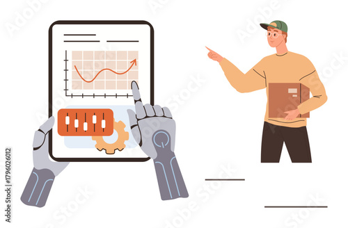 Robot examining rising data graphs on tablet, man holding package pointing direction. Ideal for teamwork, automation, innovation, productivity boost, AI integration, future of work, advanced