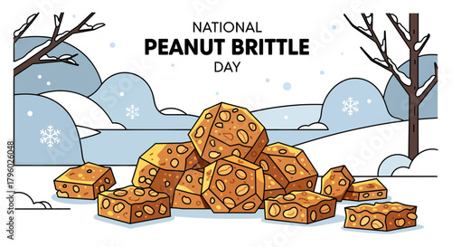 An illustration celebrating National Peanut Brittle Day, featuring a large pile of golden peanut brittle pieces in a snowy winter landscape with bare trees and falling snowflakes.